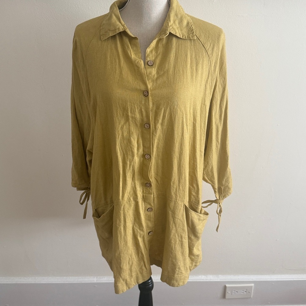 FREE PEOPLE Boho Chic Cotton Button-Up Swing Tunic XS Yellow Green Chartreuse